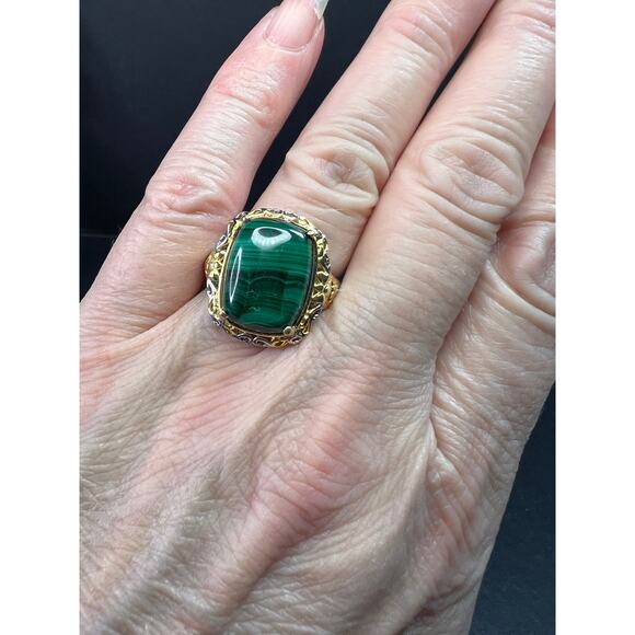 Karis Platinum & 18K Gold Plated Malachite Statement Ring Size 7 - Picture 13 of 16